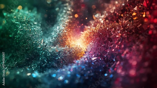 Intensely vibrant and abstract macro texture of faceted crystals in a swirling pattern, featuring a central bright glow and contrasting colors 