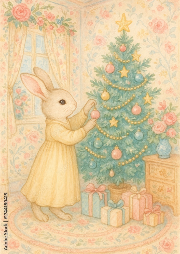Obraz premium Charming rabbit decorates Christmas tree.