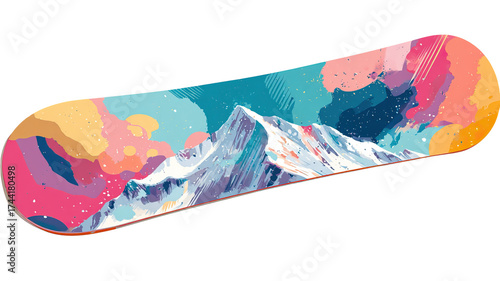 Snowboard with colorful design for modern winter sports activity on transparent background