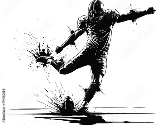 Dynamic monochrome illustration of an American football player executing a powerful kick, with expressive splatters capturing the explosive impact and intense athletic motion