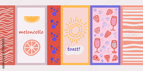 A collage of colorful playful illustrations featuring fruits drinks and celebratory elements in a whimsical style
