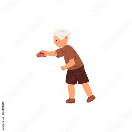 Happy little boy stands, plays with children toy. Cute child controls, moves car model with hand. Playful kid enjoys game, has fun in playtime. Flat isolated vector illustration on white background.