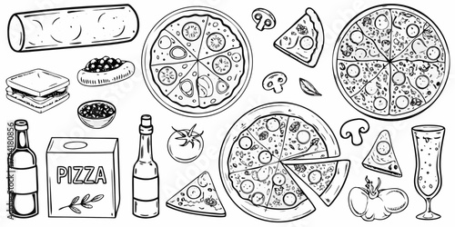 Hand drawn black and white illustration of various pizza ingredients and food items for a delicious meal