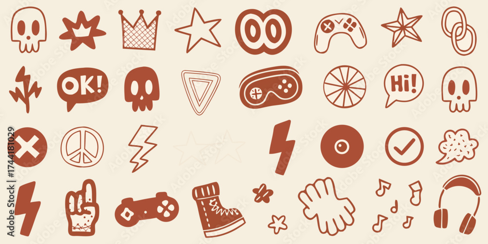 Naklejka premium Collection of hand drawn doodle icons and symbols in brown on a light background