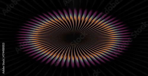 Canvastavla Abstract oval shape with radiating lines and purple and orange hues