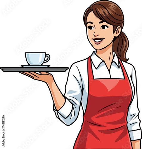 gracious hostess delivering refreshment with a warm, welcoming smile, isolated on transparent background