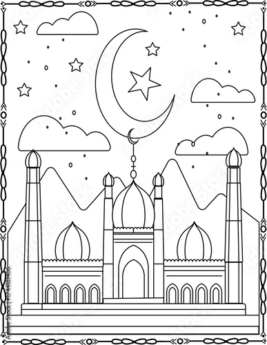 Hand-drawn images of Islamic worship places for holiday card design. Doodle of different mosques. Eid Mubarak Kareem. Coloring Page For Kids And Adults. 