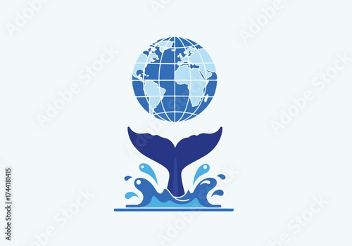 Creative illustration of globe emerging from ocean waves with whale tail below, symbols of environmental protection and ocean conservation awareness program theme,