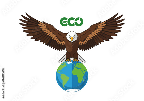 Eagle with spread wings perched on globe showcasing eco-friendly message. Eagle represents wildlife conservation, emphasizing importance of environmental sustainability.