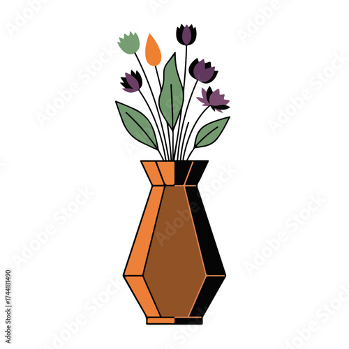 Decorative vase with colorful flowers showcasing elegant design. Stylish vase contains vibrant flowers including tulips and leaves, creating a fresh ambiance.