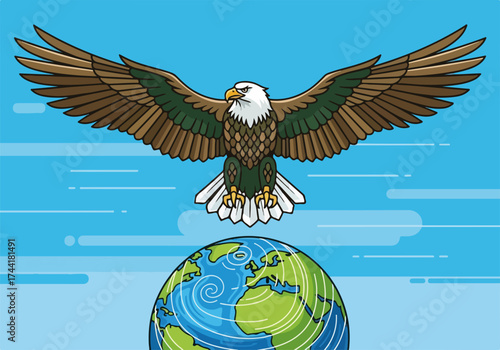 Majestic eagle soaring above the globe with wings spread wide. Eagle symbolizes freedom and strength while encompassing Earth, representing global unity and environmental awareness.