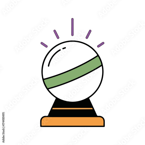 Crystal ball with glowing aura on pedestal. Crystal ball features a green band and vibrant light rays, representing mysticism and fortune-telling.