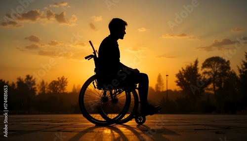 Silhouette of man in wheelchair at sunset, inspiring disability inclusion and freedom concept, empowerment and hope image, healthcare and rehabilitation stock photo, mobility and independence