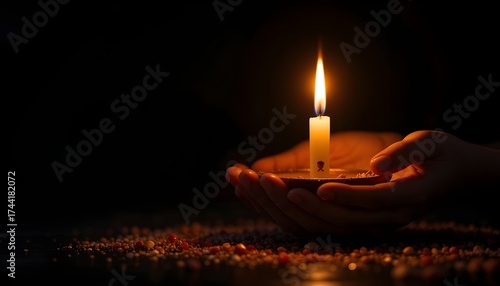 A single candle flame held gently in human hands, glowing warmly in darkness, symbolizing hope, peace, prayer, remembrance, and spiritual light amid shadows