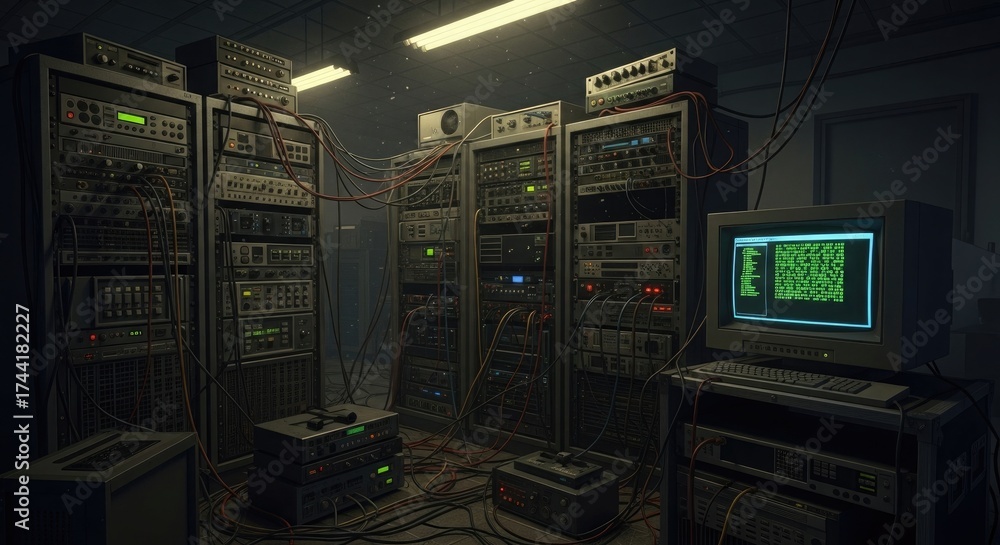 Obraz premium Server room with racks of electronic equipment and cables