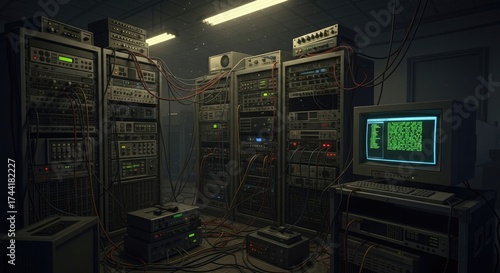 Server room with racks of electronic equipment and cables