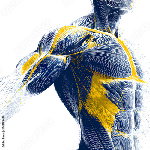 Dynamic human anatomy illustration highlighting powerful chest and shoulder muscles with yellow accents for medical and fitness concepts