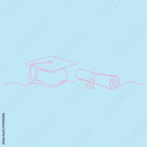 Graduation cap and diploma scroll symbolizing academic achievement and educational success in a minimalist line art style