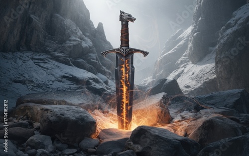 Mystical Sword Embedded in Stone Shines with Inner Light High in the Snowy Mountains Digital Art