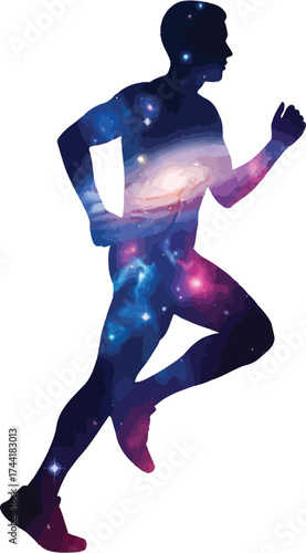 Dynamic runner silhouette filled with stunning galaxy nebula for fitness inspiration and cosmic energy, perfect for health and wellness campaigns