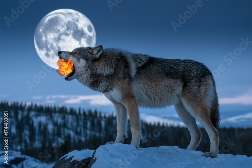 Mystical Wolf with Fire Breath Standing Proudly under the Light of a Full Moon in Snowy Forest Landscape