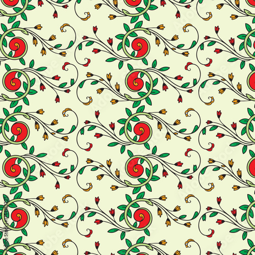 Floral swirl seamless pattern with red flowers and green leaves