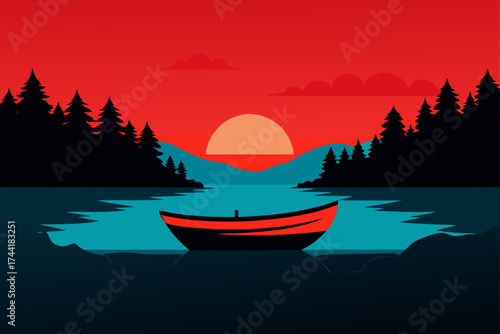 Silhouette boat on water with sunset and trees view