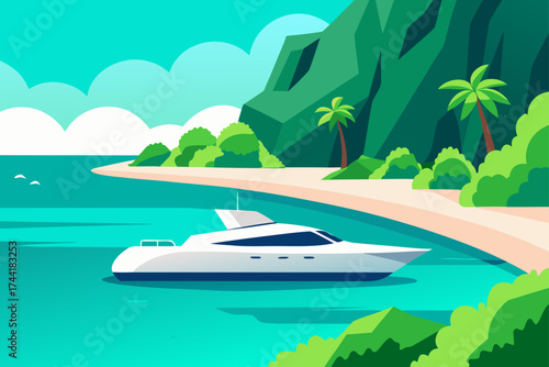 A yacht sailing near a tropical island with palm trees