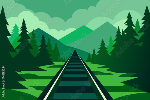 A railway track through forest and mountain scenery