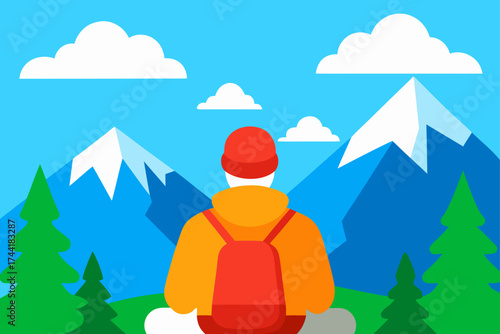 Person with backpack looking at mountains and clouds