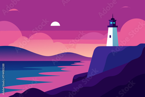 Lighthouse stands tall against the sunset landscape