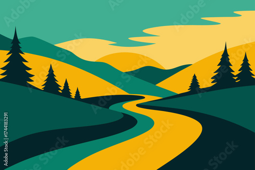 Winding path through hills and evergreen trees view