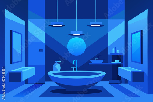Illustration of a modern blue bathroom interior