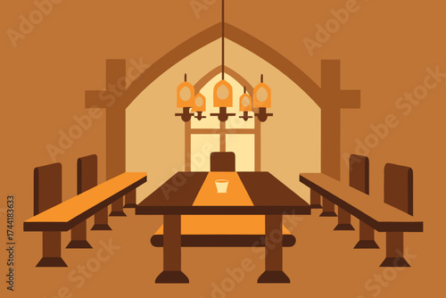 Illustration of a dining hall with table and benches