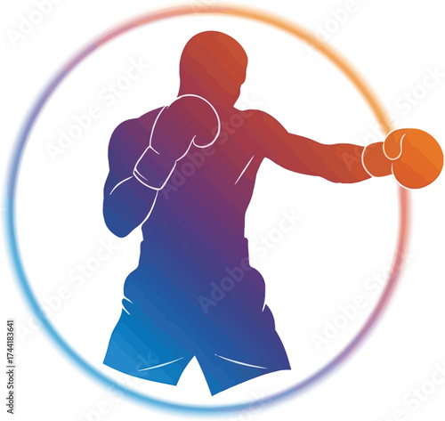 Dynamic gradient silhouette of a boxer training with gloves in a vibrant circle, perfect for fitness and sports promotion or athletic apparel designs