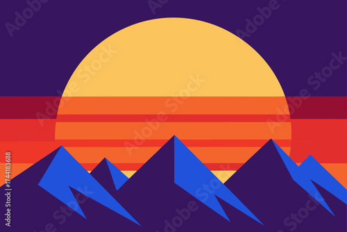 Retro sunset landscape with mountains and color stripes