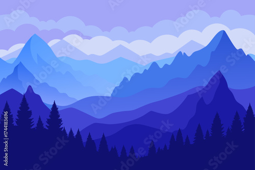 Illustration of blue mountains and pine tree forest