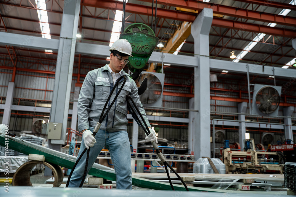 Fototapeta premium A man in a grey and white uniform is working in a factory