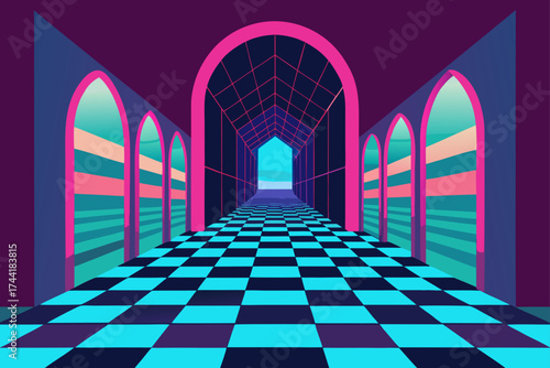 Perspective view of a hallway with checkered floor