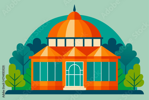 Illustration of a building with a dome and trees