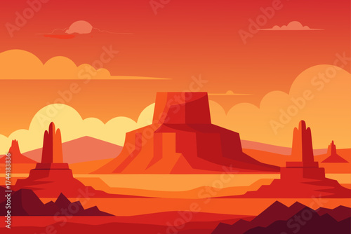 Illustration of a desert landscape at sunset time