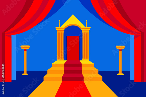 Theatrical stage with red curtains and golden decor