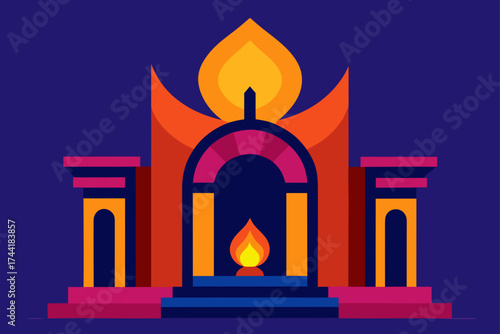 Illustration of a temple with a flame and archways
