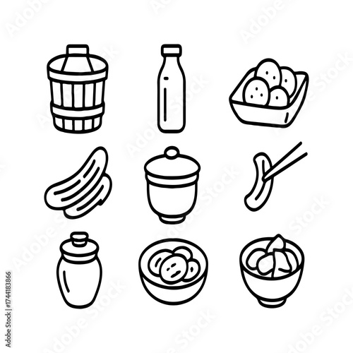 Collection of japanese tsukemono pickling set elements in a clean line art illustration style showcasing traditional fermentation containers and pickled vegetables for culinary and cultural themes