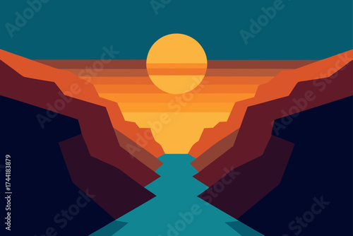 Geometric canyon landscape with sun and flowing river