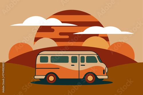 Illustration of a van against a sunset background