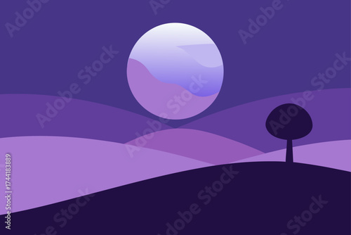 Purple landscape with moon and tree silhouette art