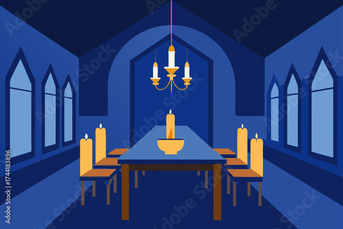 Dining room interior with table and chandelier lit