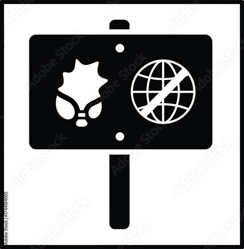Protest sign with virus symbol and crossed out globe icon representing global pandemic or environmental crisis