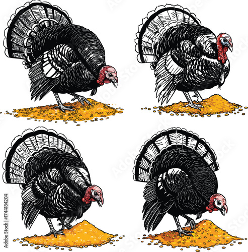 Turkey Engraving Vector Set Eating Corn Grain Thanksgiving Farm